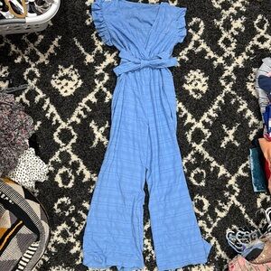 blue tie up ruffle sleeves romper